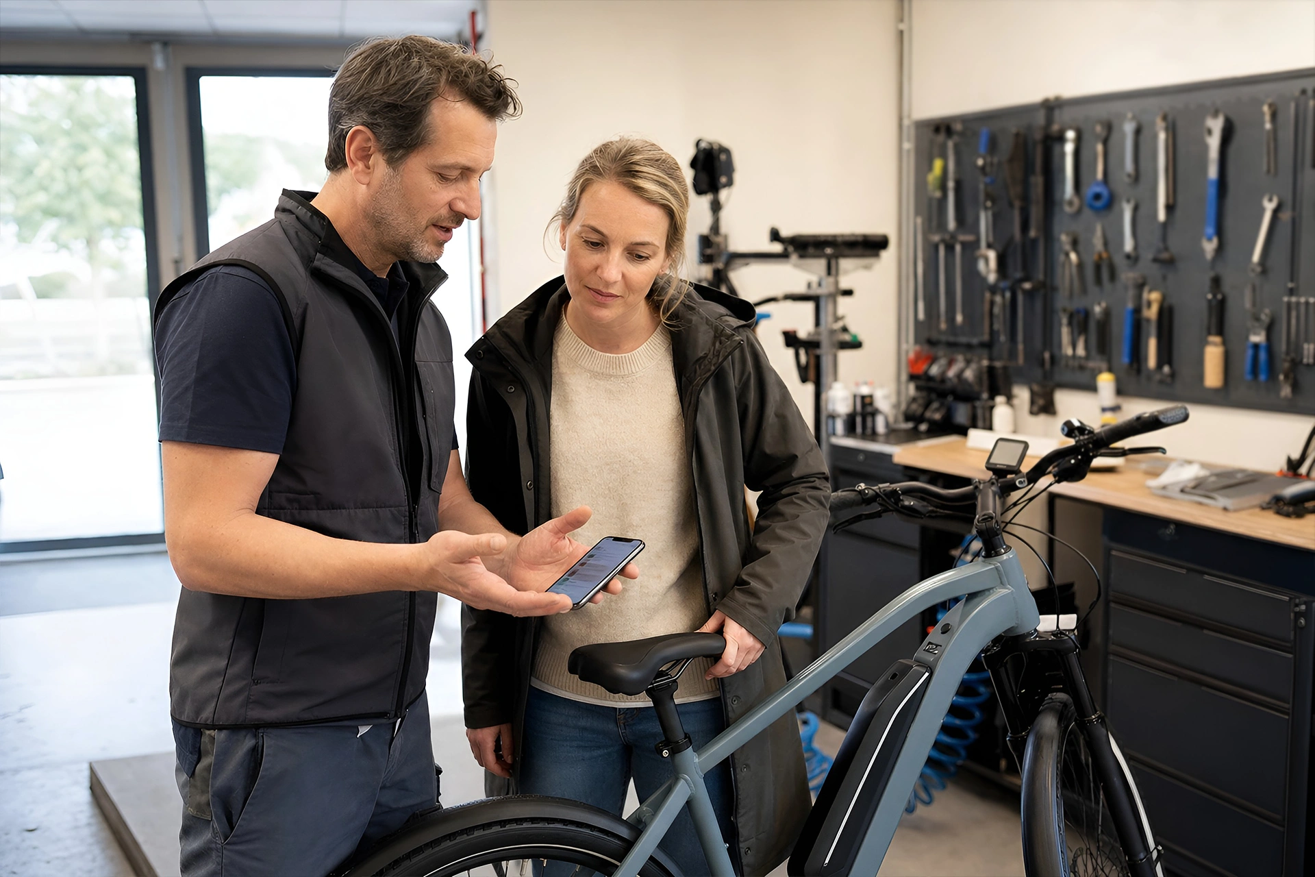 Responsabile di officina spiega a una cliente lo storico digitale di una batteria per e-bike