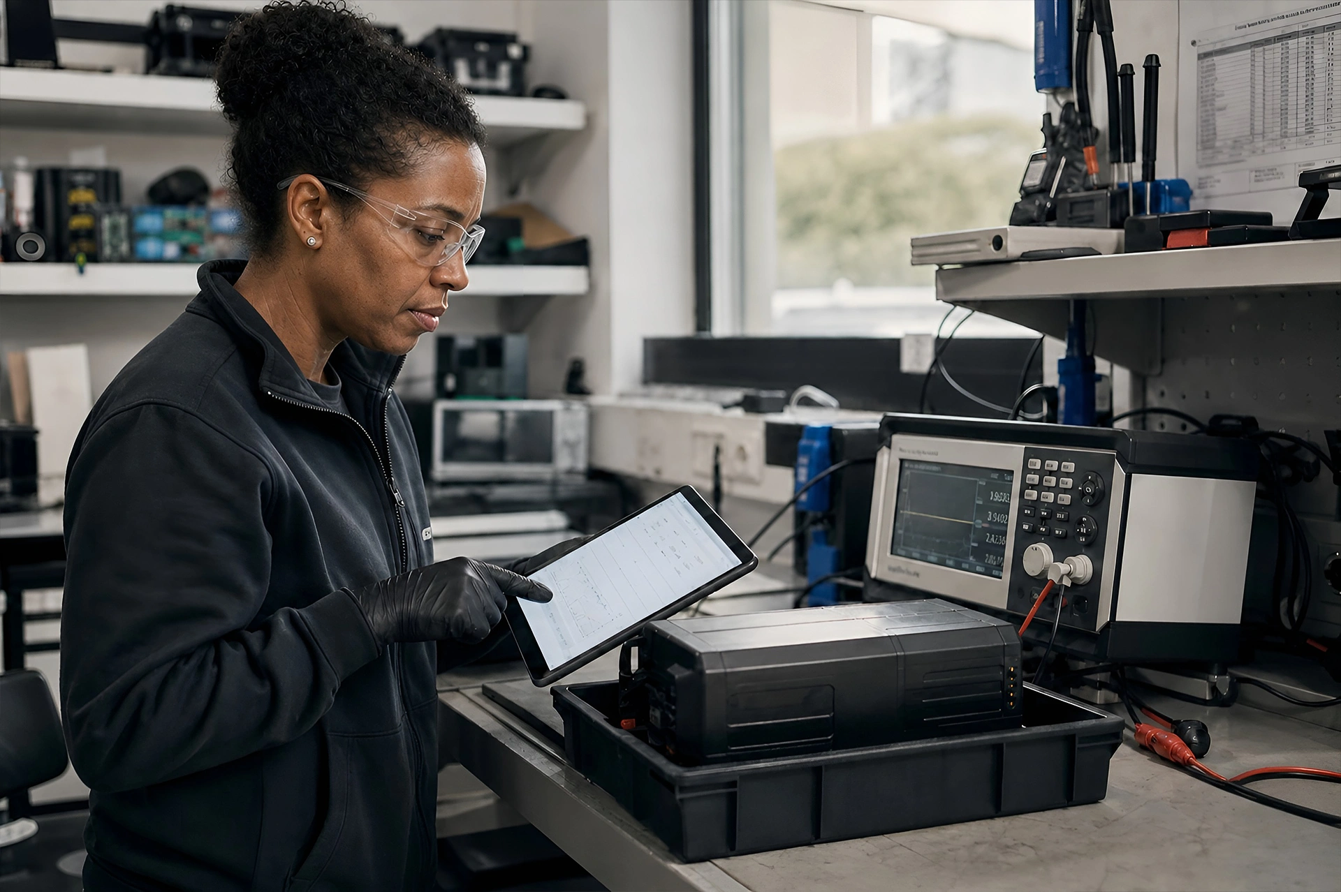 Tecnica di diagnostica delle batterie registra una prova controllata su tablet