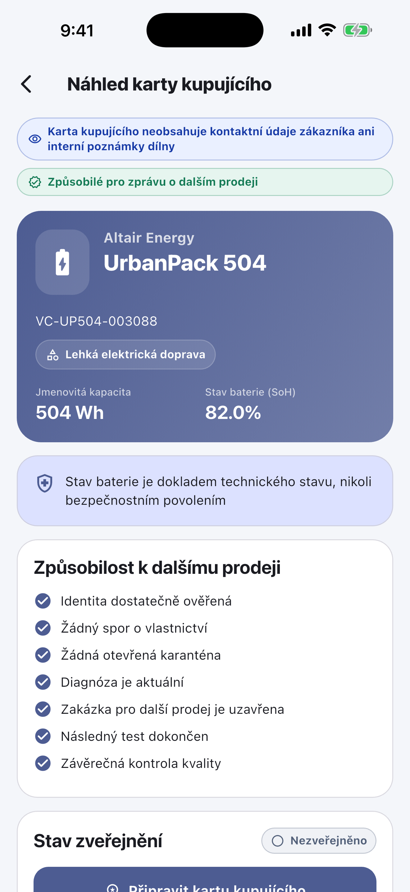 Software Battery Passport pro opravárenské dílny — Předat a zveřejnit