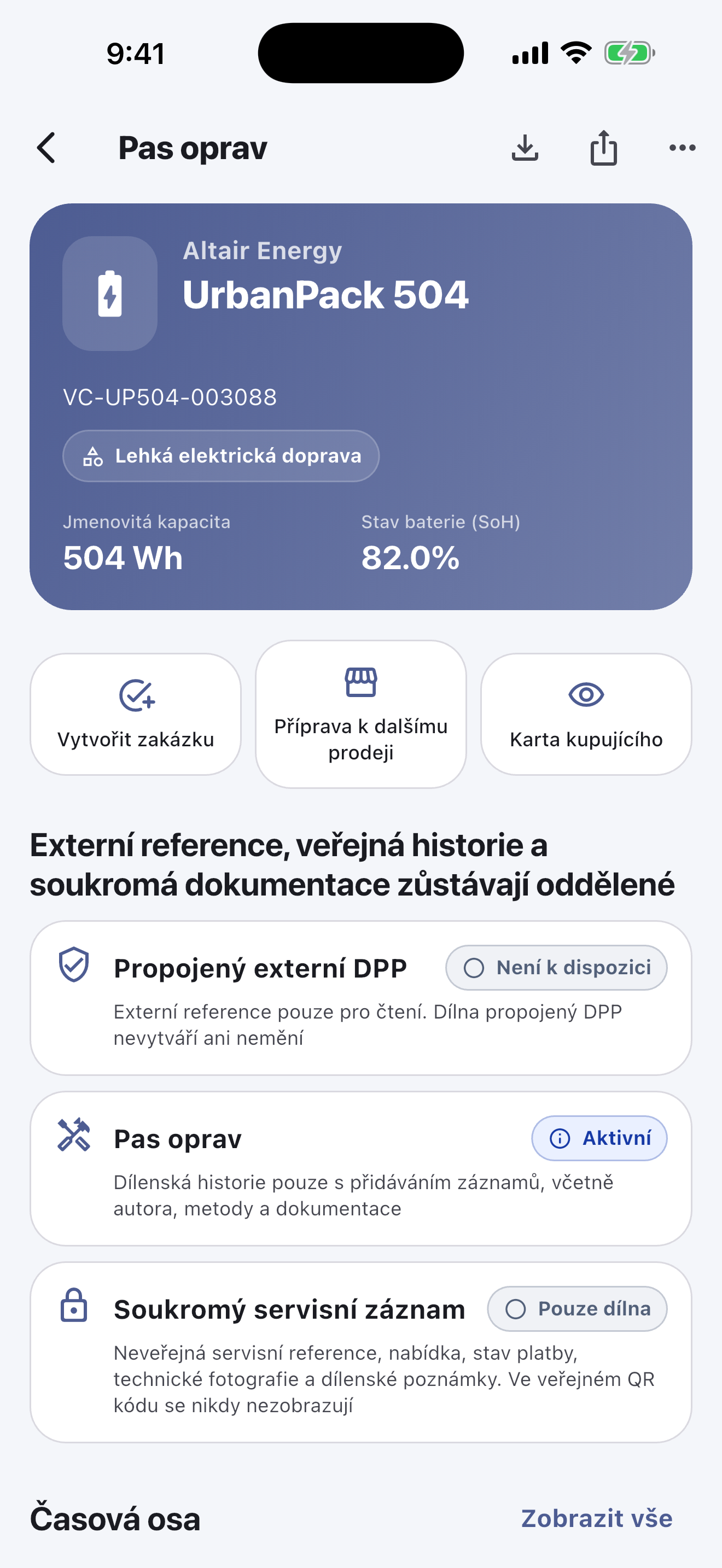 Hlavní práce probíhá v mobilní aplikaci: Skenujte a identifikujte baterie, provádějte bezpečnostní kontroly, zaznamenávejte diagnostiku, opravy, měření a fotografie, vyžádejte si souhlas zákazníka a dokončete předání — i bez internetu.