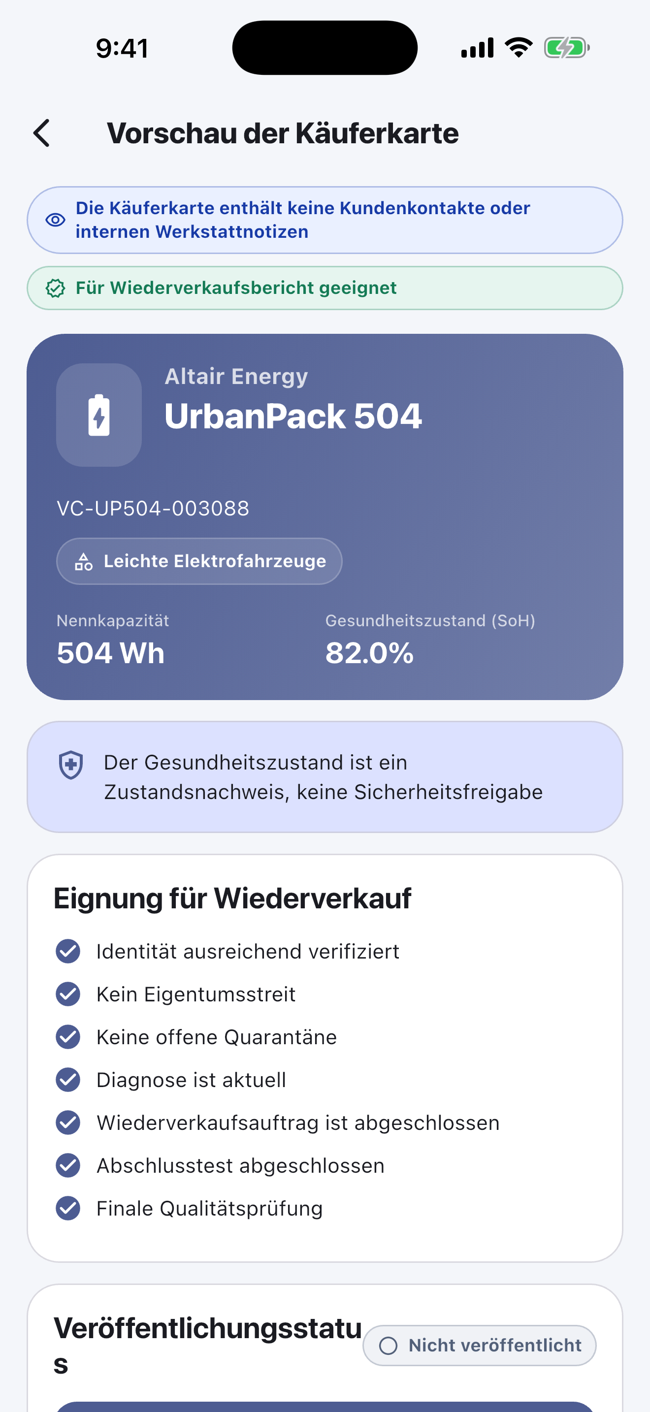 Batteriepass-Software für Reparaturwerkstätten — Übergeben und veröffentlichen