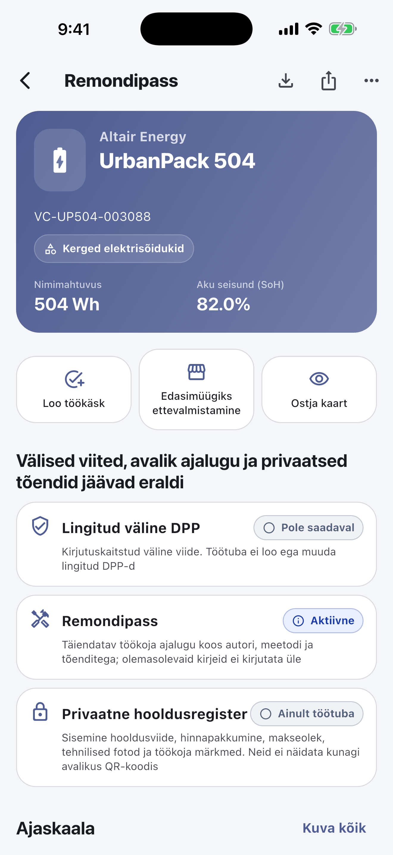 Põhitöö toimub mobiilirakenduses: Skannige ja tuvastage akusid, tehke ohutuskontrolle, salvestage diagnostika, remondid, mõõtmised ja fotod, küsige kliendi kinnitus ning vormistage üleandmine — ka ilma internetita.