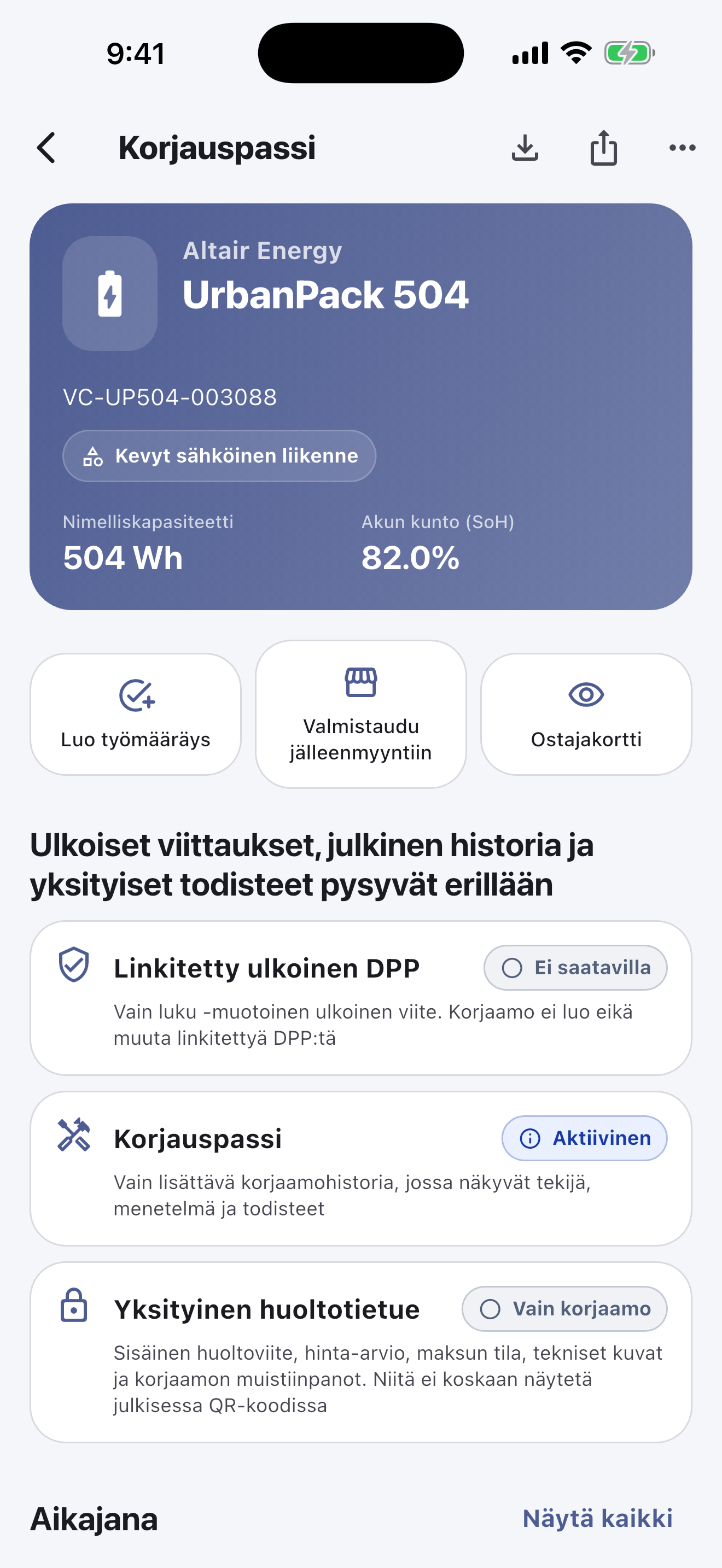 Varsinainen työ tehdään mobiilisovelluksessa: Skannaa ja tunnista akut, tee turvallisuustarkastukset, kirjaa diagnoosit, korjaukset, mittaukset ja valokuvat, pyydä asiakkaan hyväksyntä ja viimeistele luovutus — myös ilman internetyhteyttä.