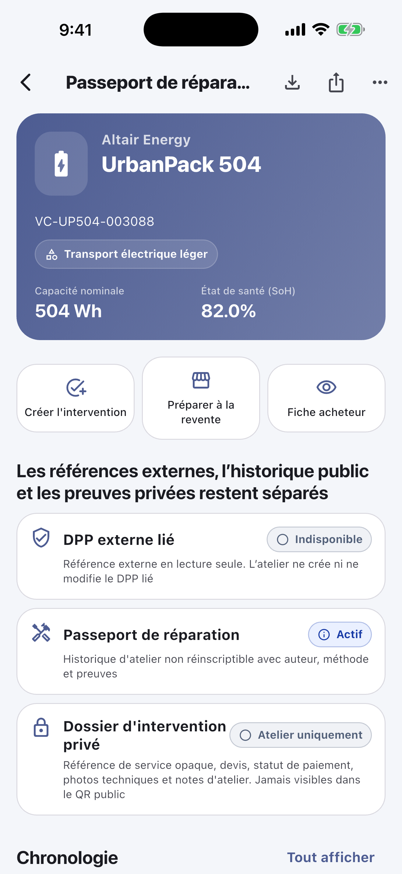Le travail sur la batterie se fait dans l’application mobile: Scannez et identifiez les batteries, effectuez les contrôles de sécurité, consignez les diagnostics, réparations, mesures et photos, obtenez l’accord du client et finalisez la remise — même sans connexion Internet.