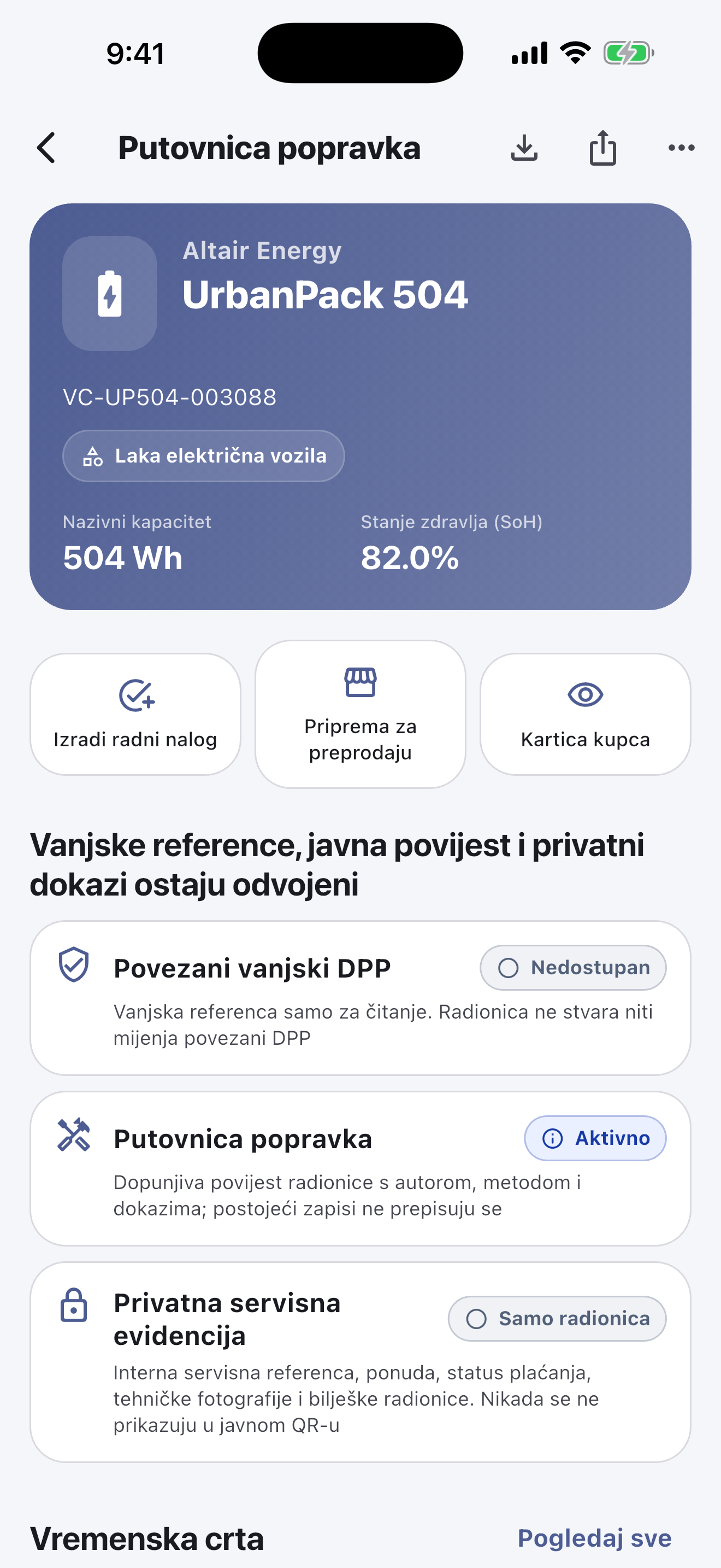 Glavni posao obavlja se u mobilnoj aplikaciji: Skenirajte i identificirajte baterije, provedite sigurnosne provjere, zabilježite dijagnostiku, popravke, mjerenja i fotografije, zatražite odobrenje kupca i dovršite primopredaju — čak i bez interneta.