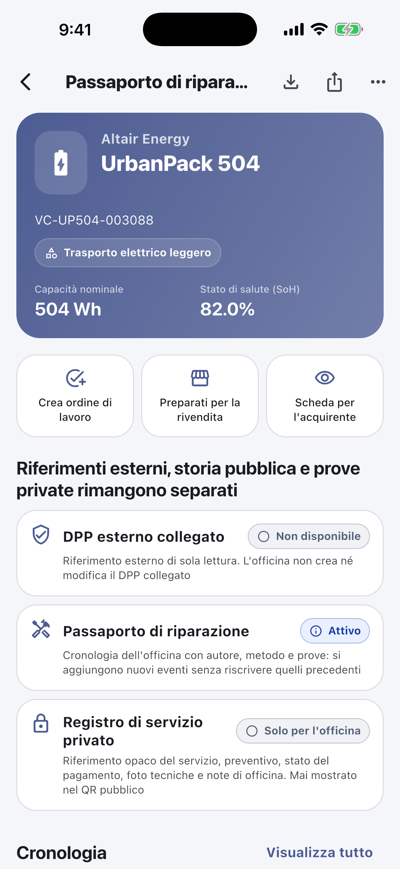 Il lavoro sulla batteria si svolge nell’app mobile: Scansiona e identifica le batterie, esegui i controlli di sicurezza, registra diagnosi, riparazioni, misurazioni e foto, ottieni l’approvazione del cliente e completa la consegna — anche senza connessione Internet.