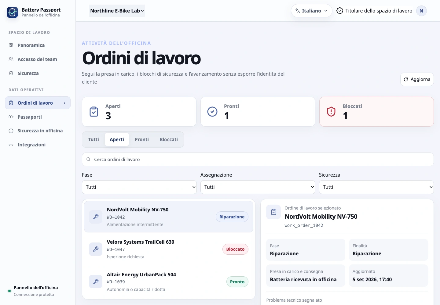 Gestisci l’officina dal pannello web: Il tecnico lavora sulla batteria nell’app mobile, mentre titolari e responsabili controllano l’attività dal pannello web.