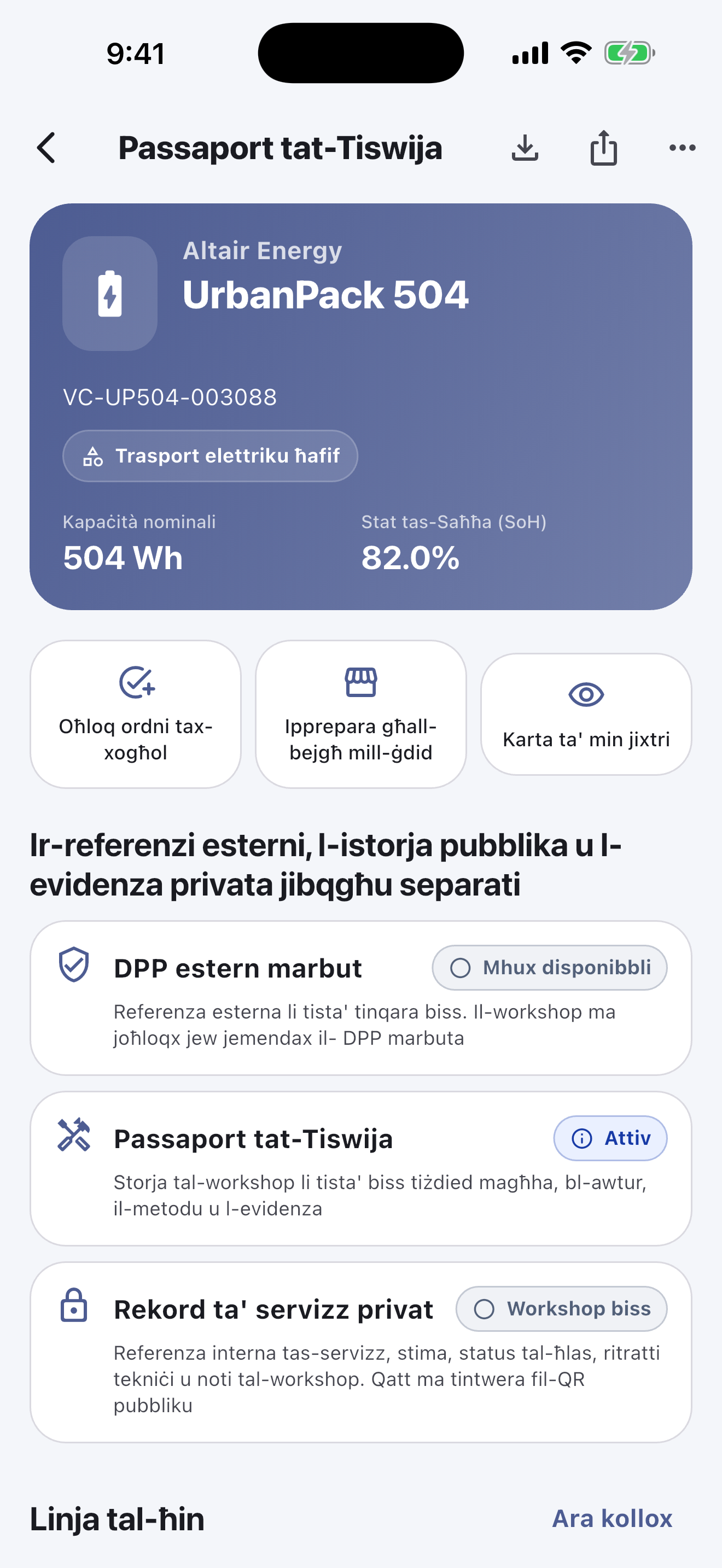 Ix-xogħol ewlieni jsir fl-app mobbli: Skennja u identifika l-batteriji, wettaq kontrolli tas-sigurtà, irreġistra d-dijanjosi, it-tiswijiet, il-kejl u r-ritratti, ikseb l-approvazzjoni tal-klijent u lesti l-konsenja — anke mingħajr internet.