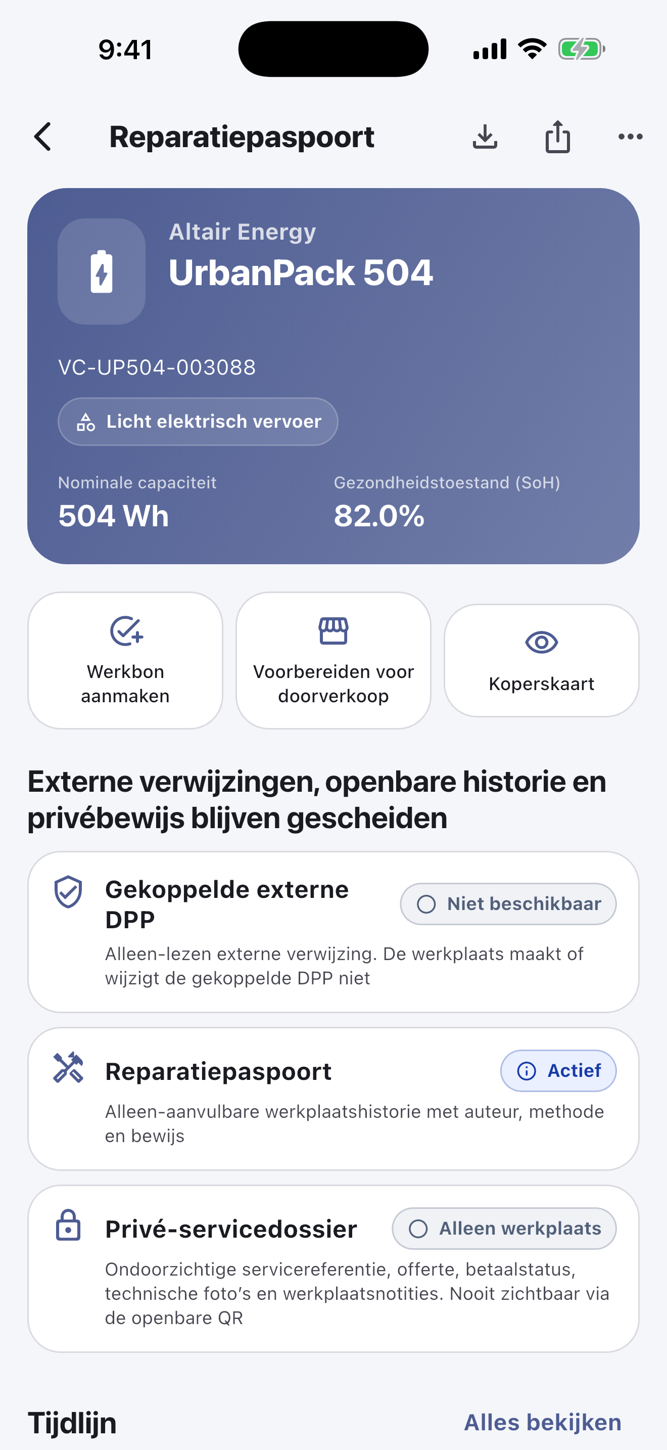 Het dagelijkse werk gebeurt in de mobiele app: Scan en identificeer accu’s, voer veiligheidscontroles uit, leg diagnoses, reparaties, metingen en foto’s vast, vraag goedkeuring van de klant en rond de overdracht af — ook zonder internet.