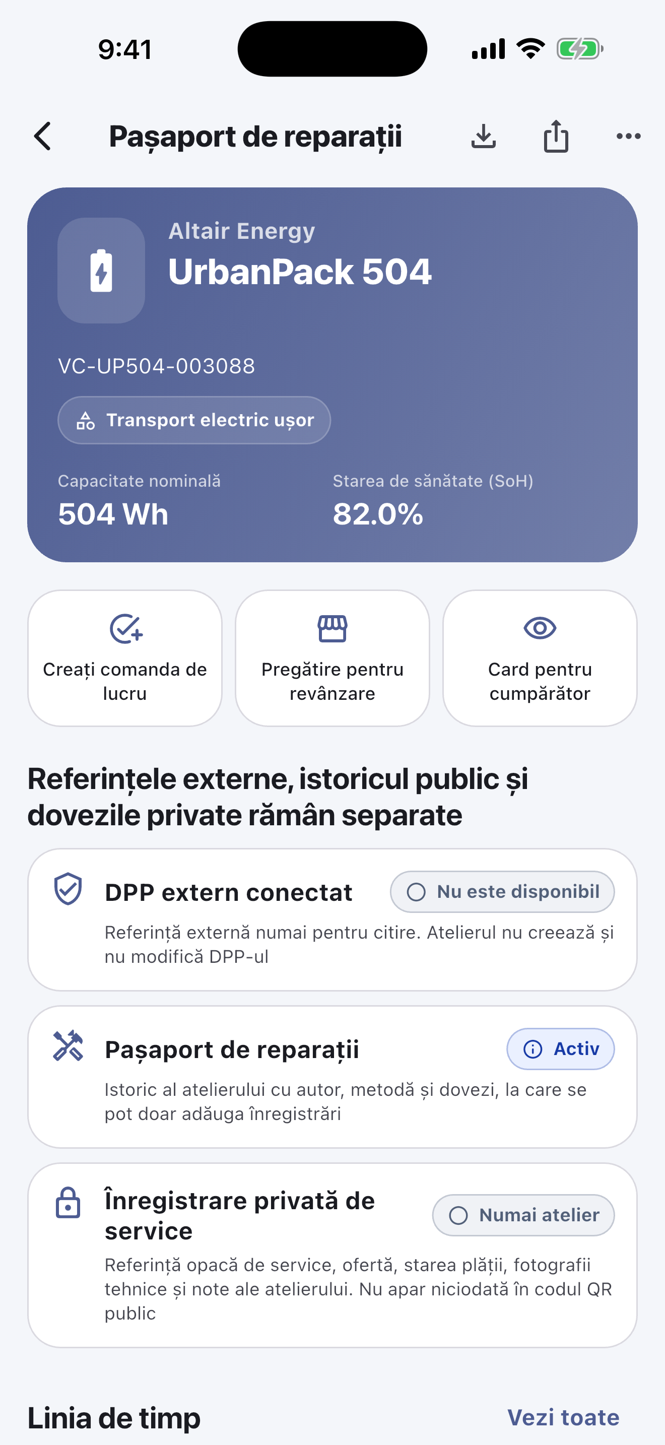 Activitatea de bază se desfășoară în aplicația mobilă: Scanați și identificați bateriile, efectuați verificări de siguranță, înregistrați diagnosticarea, reparațiile, măsurătorile și fotografiile, obțineți acordul clientului și finalizați predarea — chiar și fără internet.