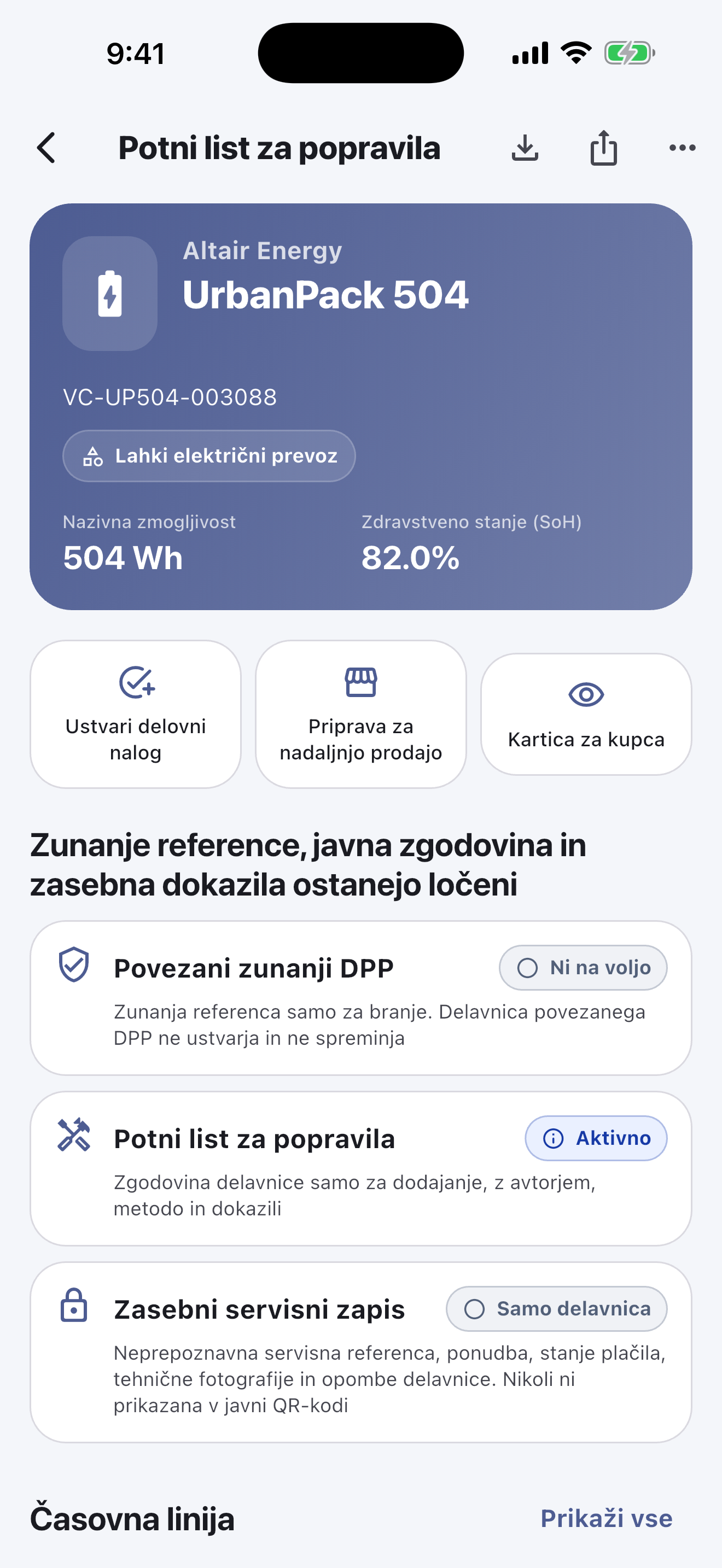Glavno delo poteka v mobilni aplikaciji: Skenirajte in prepoznajte baterije, izvedite varnostne preglede, zabeležite diagnostiko, popravila, meritve in fotografije, pridobite odobritev stranke ter zaključite predajo — tudi brez interneta.
