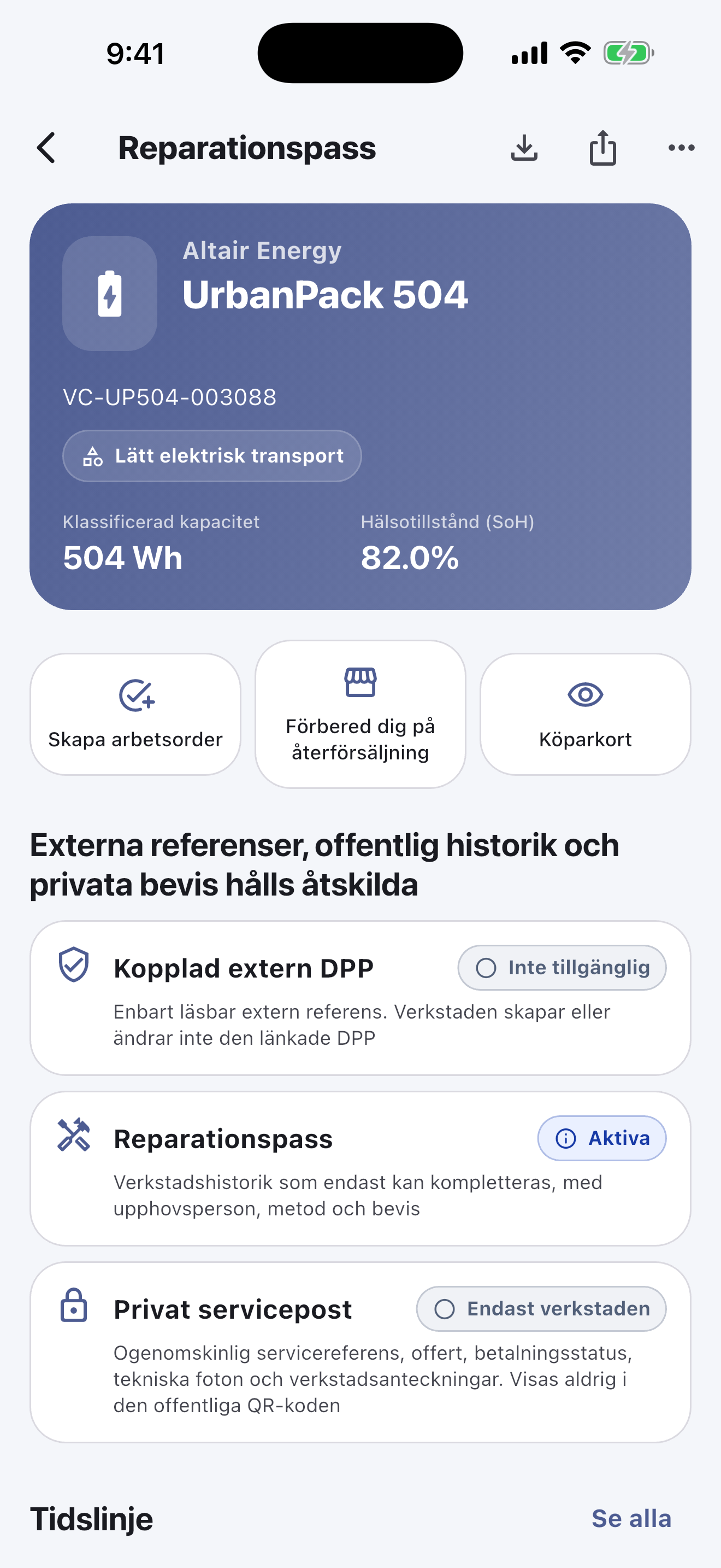 Det dagliga arbetet sker i mobilappen: Skanna och identifiera batterier, utför säkerhetskontroller, dokumentera diagnos, reparationer, mätningar och bilder, hämta kundens godkännande och slutför överlämningen — även utan internet.