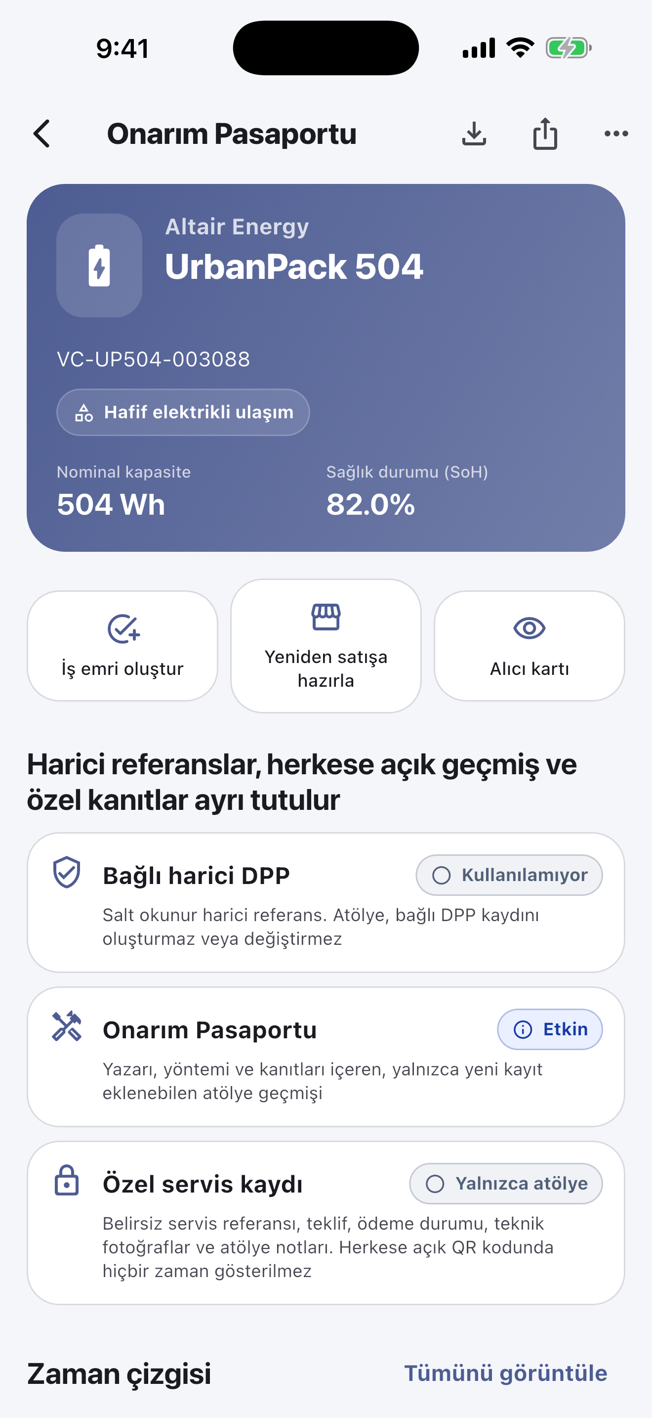 Temel çalışma mobil uygulamada yapılır: Bataryaları tarayın ve tanımlayın, güvenlik kontrollerini yapın, teşhisleri, onarımları, ölçümleri ve fotoğrafları kaydedin, müşteri onayını alın ve teslimi tamamlayın — internet olmadan da.